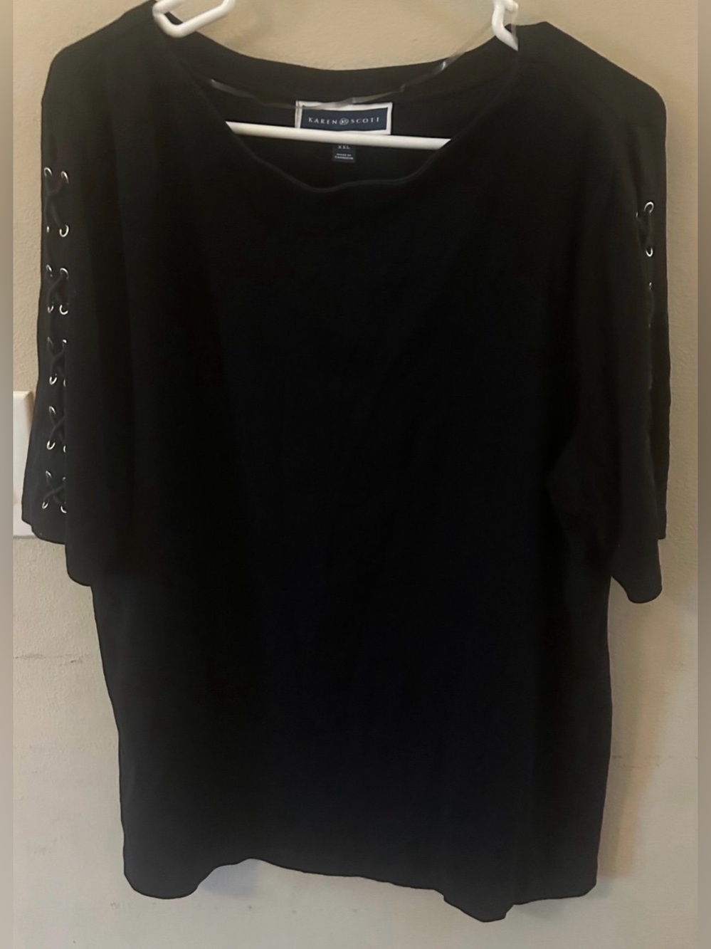 Karen Scott Black Short Sleeve Tee with Lace-Up Sleeve Detail